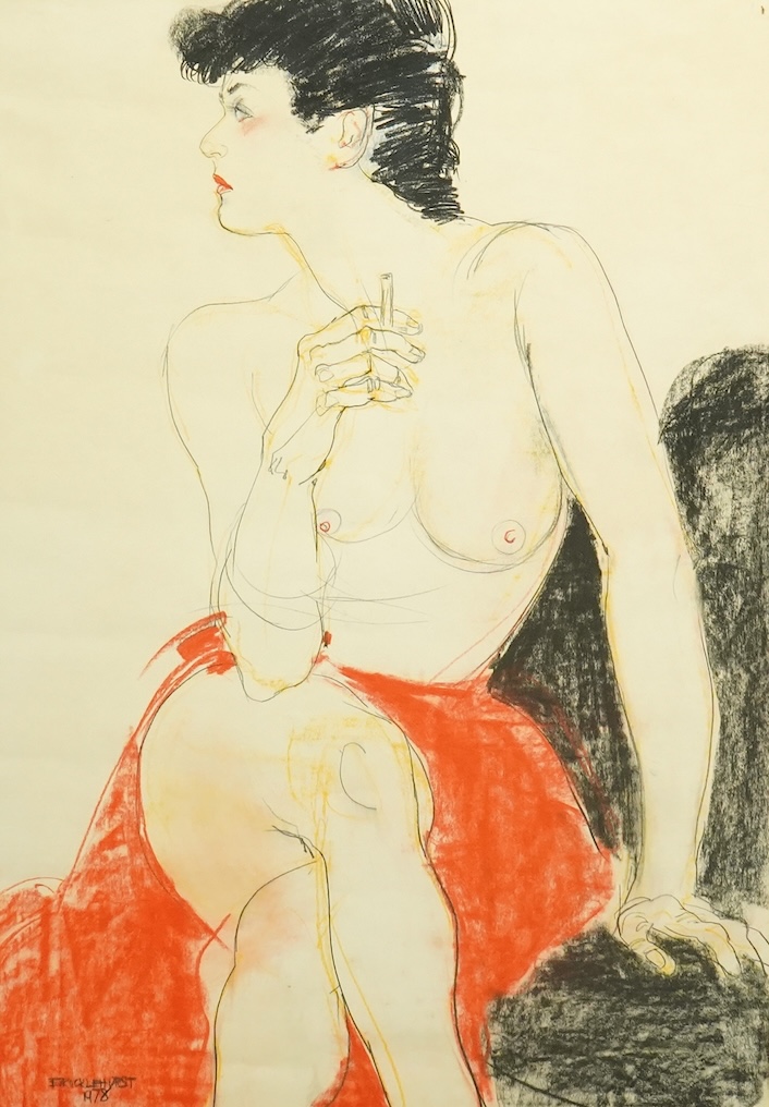 Jo Brocklehurst (English, 1935-2006), Seated nude smoking a cigarette, pencil and crayon on paper, 82 x 57cm